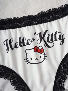 HELLO KITTY AND FRIENDS | SHEIN 女款字母卡通印花對比蕾絲內褲 - 黑與白 - 查看 3
