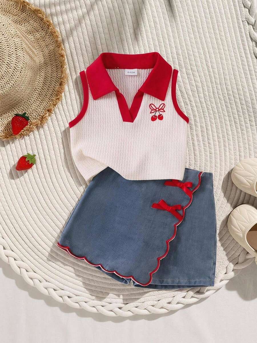 SHEIN Elladie kids 2件組女嬰白色夏季可愛度假套裝,無袖蝴蝶結刺繡紅色V領背心上衣 & 水洗淺藍色裙褲休閒套裝 - 紅色 - 查看 1