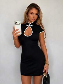 TRNVIE Women's Hollow Design Minimalist Fitted Mini Dress - Black and White - View 5