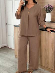 Weeklong Plus Size Women's Spring/Summer Notch Neck Stud Button Decor Casual Vacation Set - Brown - View 4