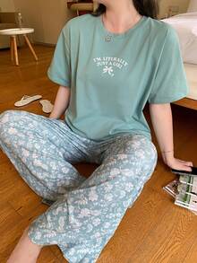 Dazy Plus Loose Short Sleeve Round Neck Bow Print Top & Floral Long Pajama Pants Plus Size Women Spring Summer Sleepwear Set - Green - View 1