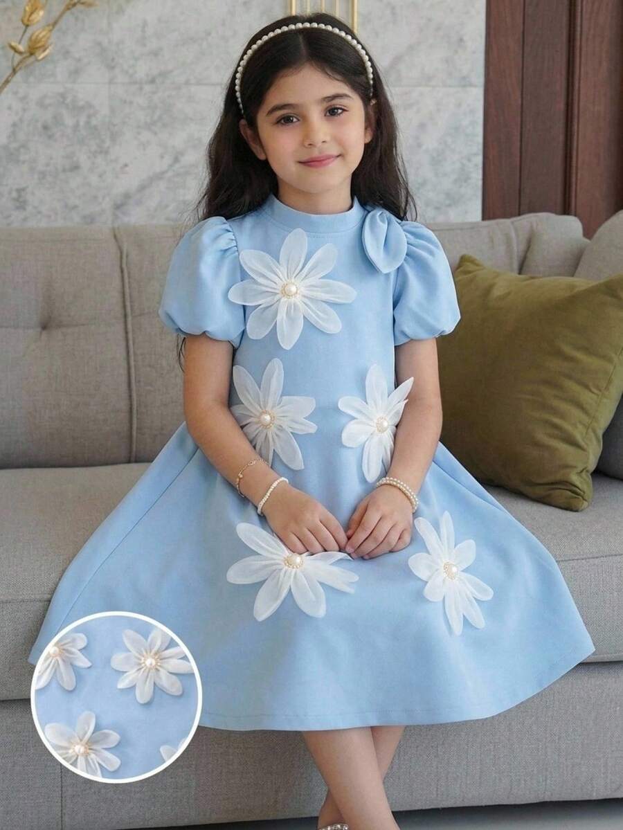 Elladie kids 小女孩优雅连衣裙，配3D蝴蝶结装饰手提包，泡泡袖大蝴蝶结3D花朵设计连衣裙，适合休闲、假日、派对等场合。