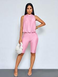 SOLERSUN Women's Halter-Neck Top And Fitted Knee-Length Shorts Set-Spring/Summer Old Money Aesthetic - Pink - View 5