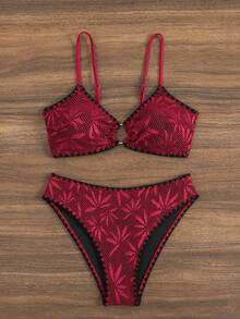 Swim Chiccia Women's Colorblock Spaghetti Strap Backless Tie-Up Textured Fabric Underwire Contrast Trim Bikini, Elegant Summer Beach Casual Vacation Swimwear - Burgundy - View 5