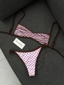 Swim Mod 女款海灘裝復古圓點印花條紋印花可正反穿著微型比基尼抹胸式時尚休閒度假性感甜美可愛復古優雅泳衣兩件套 - 彩色 - 查看 5