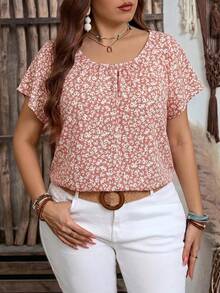 EMERY ROSE Plus Size Women All-Over Floral Print Short Sleeve Casual Shirt,Boho For Women/Summer Vacation Dusty Rose - Pink - View 4