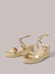 Styleloop Sandalias de cuña con plataforma de cuerda de cáñamo dorada para vacaciones en la playa para mujer - Dorado - Ver 2