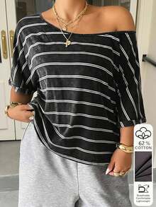 Muchica Plus Size Women Striped Asymmetrical Shoulder Casual Versatile Daily Wear T-Shirt - Dark Grey - View 3