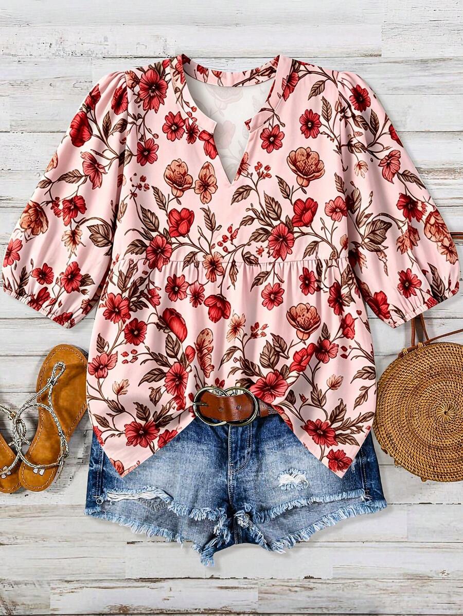 Linhara Plus Size Women's Notched V-Neck Printed Blouse Summer Outfit - Pink - View 1