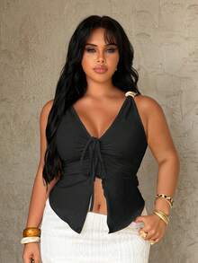 Rustia Top de tirantes ajustado con fruncido y cordón para anudar, estilo elegante francés, para mujer talla grande - Negro - Ver 7