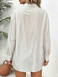 SHEIN LUNE New Women's Slouchy Casual Vacation Loose Slimming Linen Striped Long Sleeve Shirt & Shorts 2-Piece Set - White - View 2