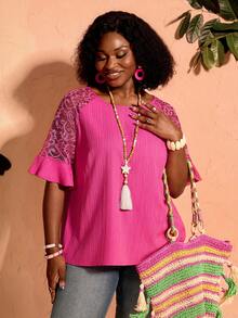 BrightlyHer Plus Size Women's Round Neck Lace Casual Versatile Everyday Outing Blouse Fall - Hot Pink - View 4