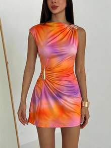 Aloruh New Vacation Style Orange And Pink Gradient Print Metal Decor Ruched Umbrella Hem Cap Sleeve Mini Dress French Club Summer Sexy - Orange - View 7