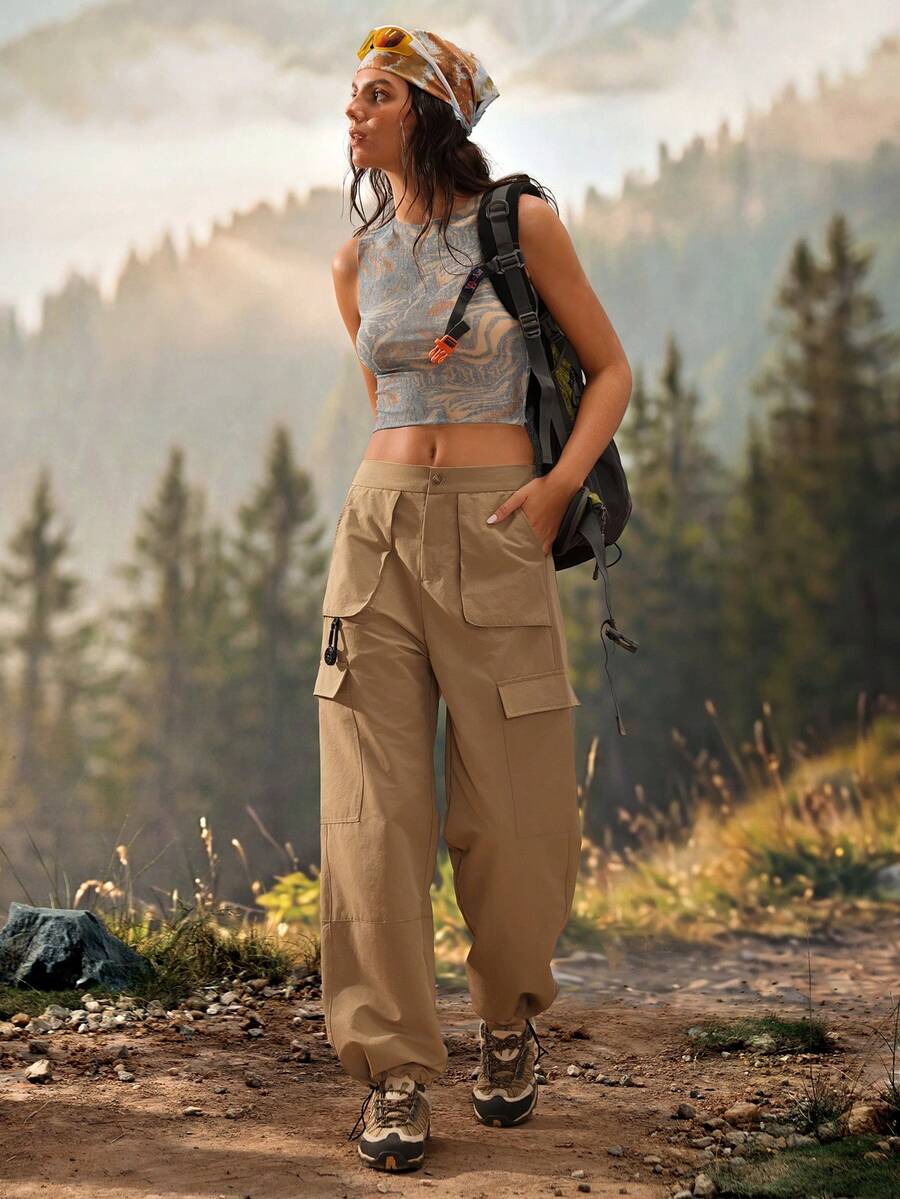 Exploreva Exploreva 女款運動登山褲,彈性腰頭,純色,口袋設計工裝褲,適合戶外、登山、攀岩、旅行 - 卡其色 - 查看 1