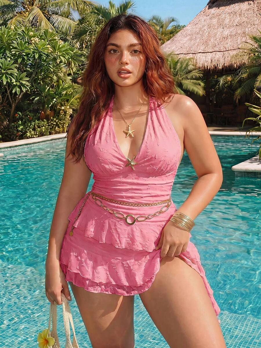 ROMWE Avant Vestido casual de talla grande de unicolor con escote halter y espalda descubierta - Rosa - Ver 1