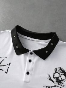 ROMWE MEN 男士字母骷髅印花休闲百搭通勤短袖Polo衫 - 黑與白 - 查看 2