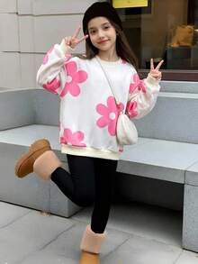 SHEIN Tween女孩休閒圓領長袖秋季運動衫套裝 - 粉色 - 查看 2
