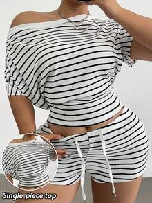 POPSWAY Camiseta de punto a rayas con hombros descubiertos talla grande - Blanco y Negro - Ver 1