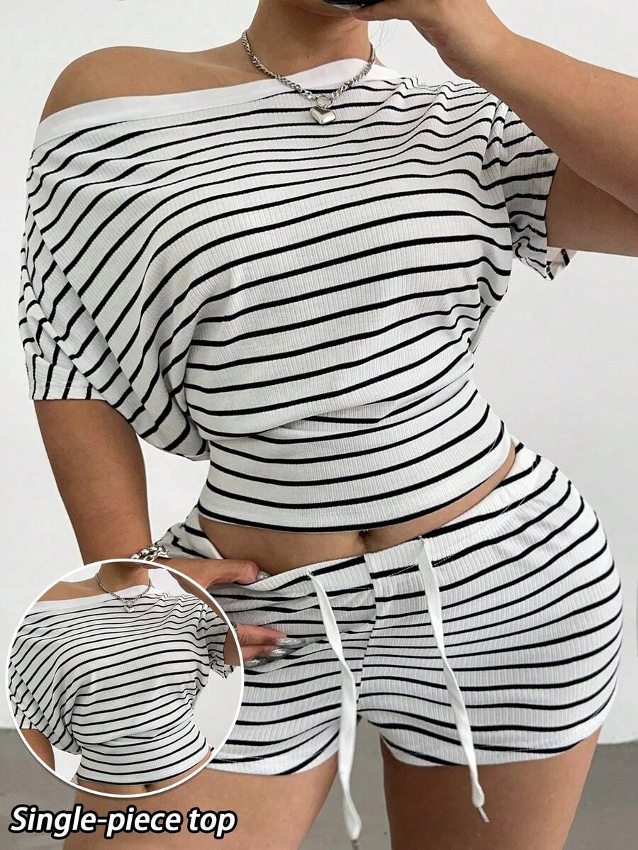 POPSWAY Camiseta de punto a rayas con hombros descubiertos talla grande - Blanco y Negro - Ver 1