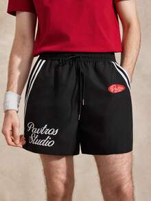 Men's Summer Black And White Streetwear Shorts, Woven Elastic Waist Drawstring Casual Gym Shorts, Webbing Decor Retro Punk 2 Rapper Clothing, 1pcs - Black - View 7