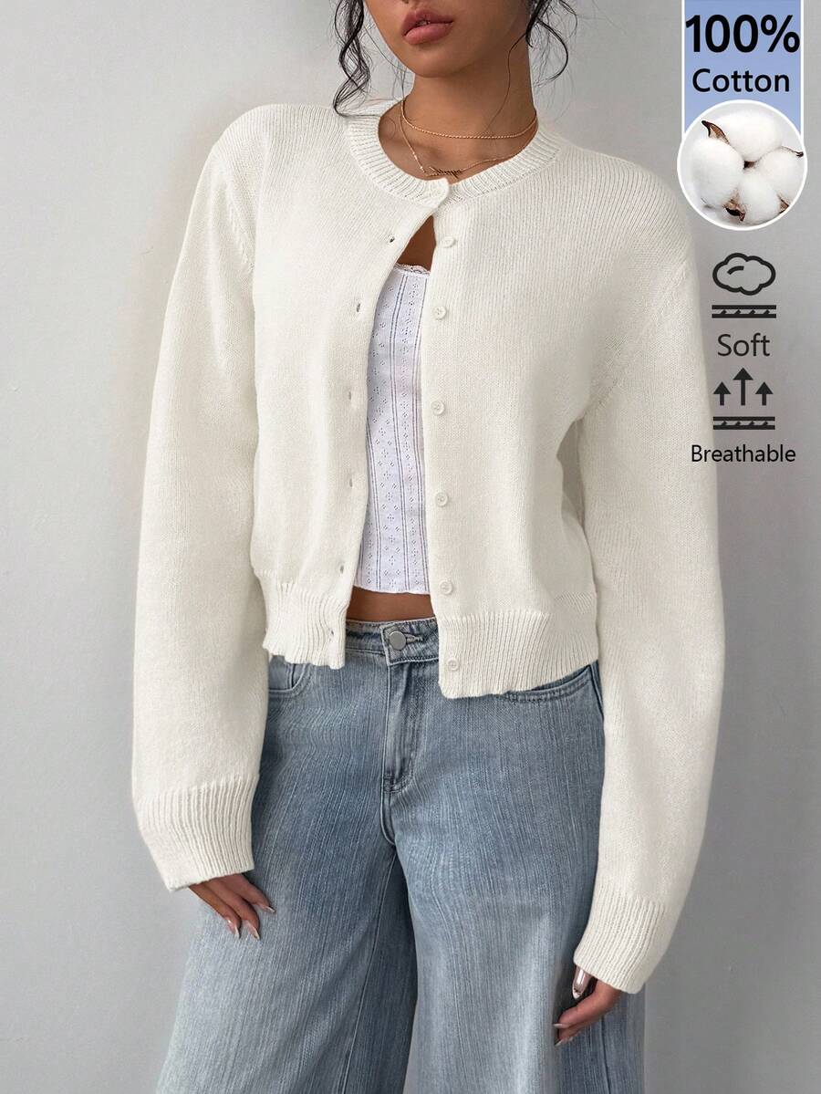SHEIN BASICS 女款純色單排扣休閒百搭日常外出長袖開襟衫 - 杏色 - 查看 1