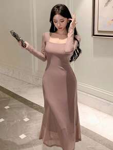 DAZY 女款純色露肩網紗中長洋裝，適合夏季 - 粉色 - 查看 3