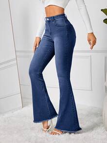 SHEIN Tall Women's Casual Slim Fit Flare Leg Button Fly Jeans, Suitable For Everyday Wear, Tall Women - Teal Blue - View 3
