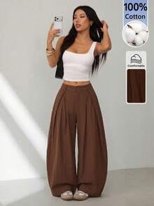 SHEIN PETITE 女款純色時尚寬鬆休閒長褲 - 棕色 - 查看 5