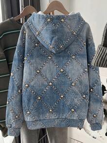 SHEIN EZwear 女款仿印花 3D 珠飾休閒百搭寬鬆長袖連帽衛衣 - 彩色 - 查看 2