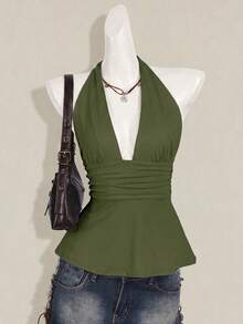 SHEIN ICON 萬聖節女款掛脖露背黑色娃娃裝背心上衣 - 軍綠色 - 查看 1