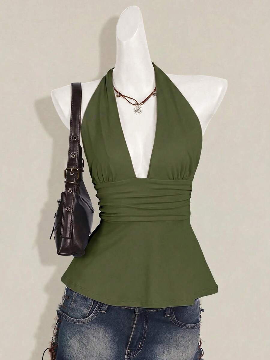SHEIN ICON 萬聖節女款掛脖露背黑色娃娃裝背心上衣 - 軍綠色 - 查看 1
