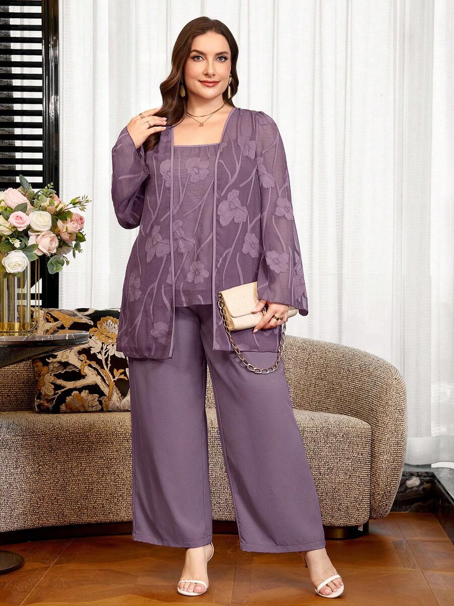 Reflora Conjunto de 2 piezas para mujer talla grande, elegante, color púrpura con decoración de strass, para fiesta, otoño e invierno