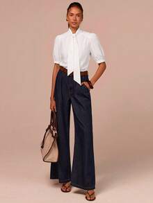 COSMINA Women's High Neck Tie Short Sleeve White Blouse Teachers' Day Office Work Summer Elegant French - White - View 5