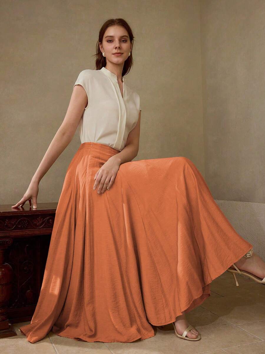 MOTF PREMIUM WOMEN'S FOLDED PLEATED SIDE ZIPPER SKIRT - Rust Brown - View 1