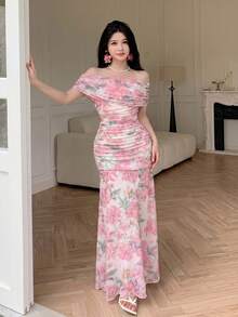 Modelyn 女款優雅法式長洋裝，網紗花卉印花，方領，百褶設計，適合夏季度假 - 粉色 - 查看 4