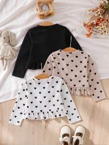 SHEIN Vintaside Kids 3件組女嬰休閒荷葉邊長袖開襟衫，愛心印花，卡其色、白色、黑色，春秋初秋輕便外套 - 彩色 - 查看 2