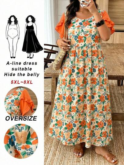 SHEIN CURVE+ Curve Size US22Music Festival, Seaside Vacation, BohemiaRandom Print Casual Holiday Style Digital Print Loose Fit Short Sleeve Dress