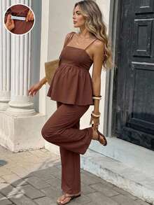 SHEIN Maternity Vacation Solid Color Ruffle Hem Camisole And Pants Casual 2 Pieces Set - Brown - View 1