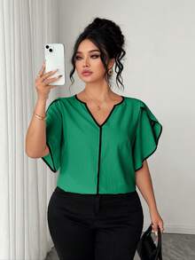 SHEIN Elenzya 女款短袖V領度假風休閒襯衫 - 綠色 - 查看 5