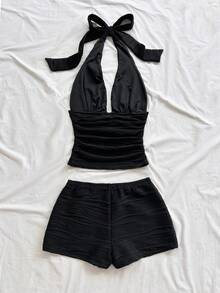 Soleia 2pcs Women's Vacation Set, V-Neck Halter Tie-Up Shell Trim Backless Tank Top Low-Waist Ruffle Trim Slim Fit Bottom, Tropical Beachwear For Beach Black - Black - View 2