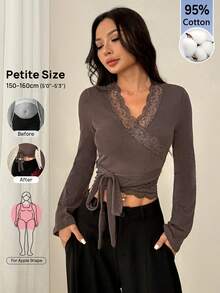 SHEIN PETITE Women's Solid Color Contrast Lace Waist Knot Long Sleeve Slim Fit T-Shirt Date Dark Brown,Summer,Autumn,Elegant,Soft Basic Everyday Top,Going Out - Brown - View 4