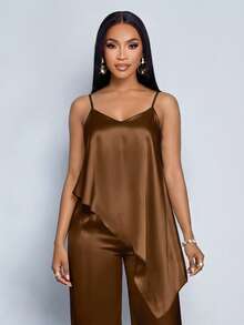 SOLERSUN 2pcs/Set Women's Summer Fashion Casual Elegant Coffee Brown Satin Asymmetrical Camisole Top And Wide Leg Pants Set Adjustable Strap Cami Top Sexy - Coffee Brown - View 6