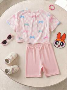 THE POWERPUFF GIRLS X SHEIN Young Girl Comfortable Casual Plaid Cartoon Print Crew Neck Short Sleeve T-Shirt With Fitted Shorts Co-Branded Set - Pink - View 2