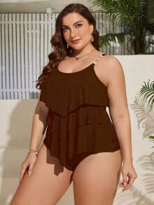 SHEIN Swim Curve 大尺碼女款純色串珠細肩帶上衣與三角比基尼泳褲兩件式泳衣套裝，夏季度假海灘棕色優雅款 - 咖啡棕 - 查看 4