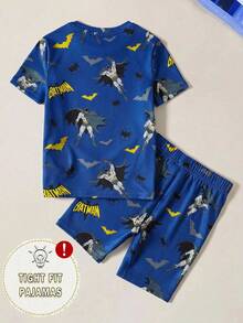 BATMAN X SHEIN 85th 小男孩卡通與字母印花圓領短袖上衣短褲家居服套裝 - 藏蓝色 - 查看 2