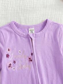 SHEIN 可愛女嬰軟綿長袖連身衣 前拉鍊連腳睡衣套裝 花卉或純色 嬰兒女童用 - 紫色 - 查看 3