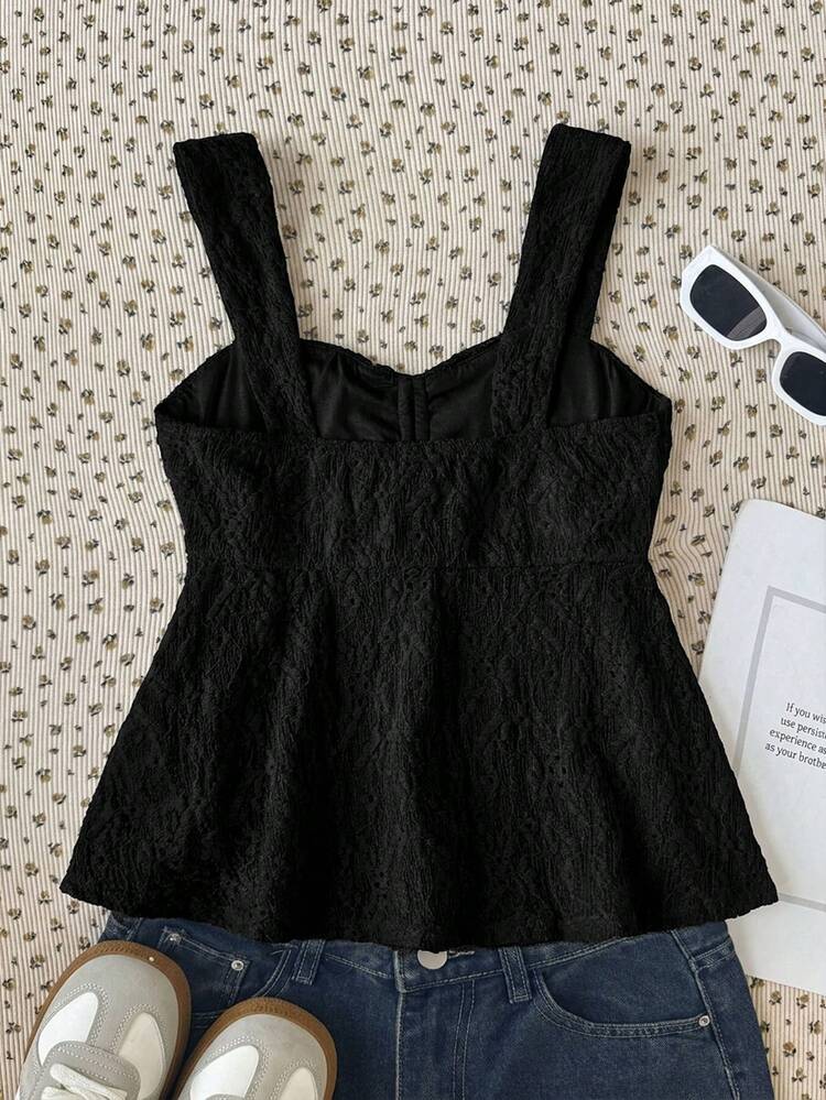 Teen Girls Casual Elegant Lace Ruffle Square Neck Bow Decor Fitted Tank Top, Black Top, Black Lace Top, Suitable For Tea Party, Summer Wear, Date, Fashion Outfit, Commute, Elegant, Beach, Bohemian, Hawaiian, Music Festival, Date, Spring/Summer Clothing - Black - View 2