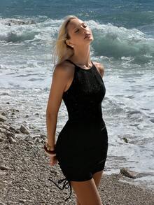 SHEIN 女款優雅性感修身雞尾酒洋裝，新款時尚黑色直條紋金/銀色網紗拼接設計，長袖抽繩抓皺收腰顯瘦迷你洋裝，適合派對、約會、慶祝，春夏穿著 - 黑色 - 查看 3