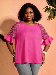 BrightlyHer Plus Size Women's Round Neck Lace Casual Versatile Everyday Outing Blouse Fall - Hot Pink - View 5