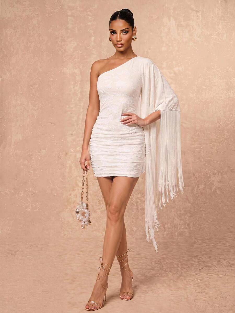 Lumalex Women's Tassel Asymmetrical Jacquard Fabric Bodycon Mini Dress